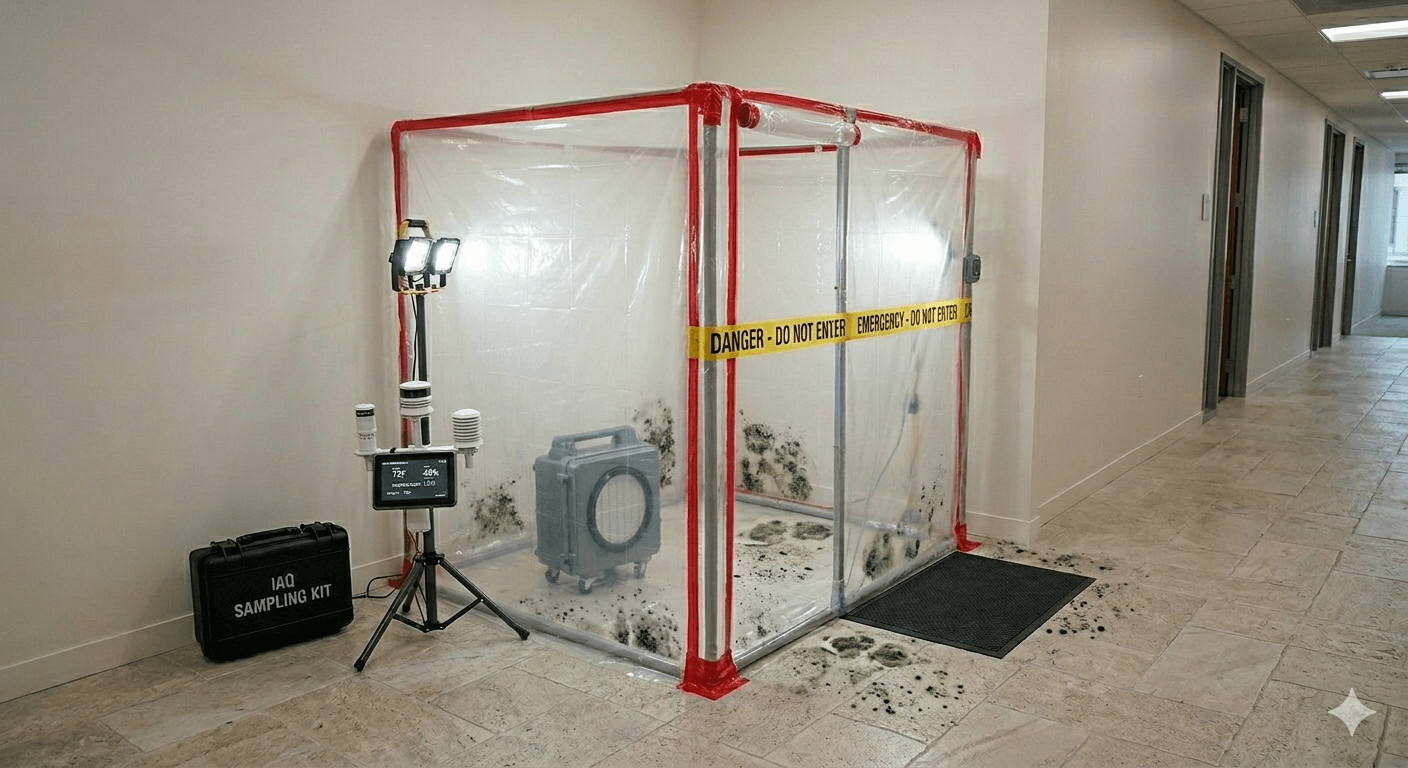 Emergency mold remediation area with professional containment and cleanup equipment