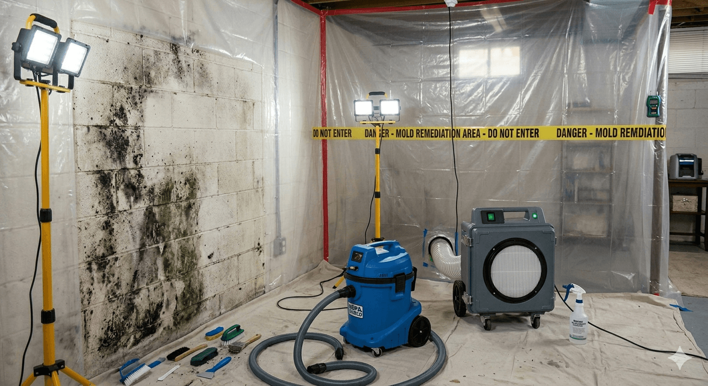 Mold remediation containment area with professional removal equipment